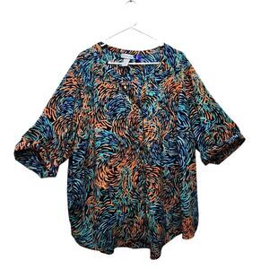 Catherine's Roll Tab Button Blouse Multicolor Brushstroke Print Plus Petite 3XWP